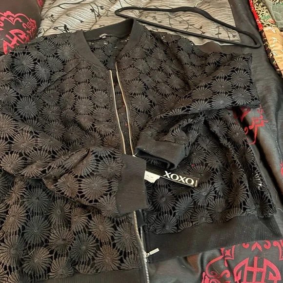 XOXO Black Floral Lace Bomber Jacket - Picture 3 of 3